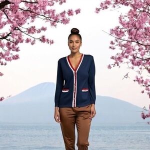 St John Knit Jacket Cardigan S M Vintage Button Front Blue Red White Luxury USA